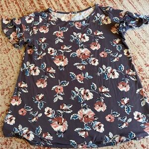 Cool Melon Floral Short Sleeve Top - Purple with Pink & Teal Blooms